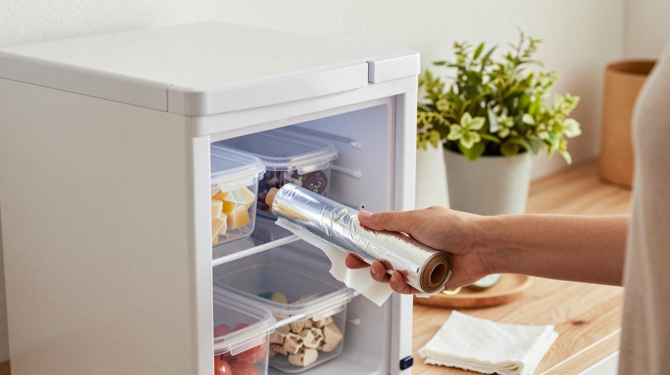 Persona sosteniendo papel de aluminio frente a frigorífico pequeño con recipientes de comida.
