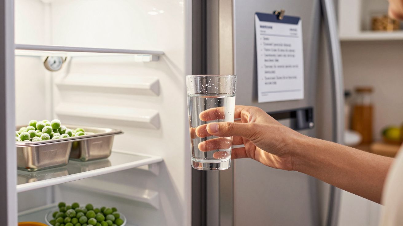 Mano sosteniendo un vaso de agua frente a un frigorífico abierto con envases de guisantes congelados.
