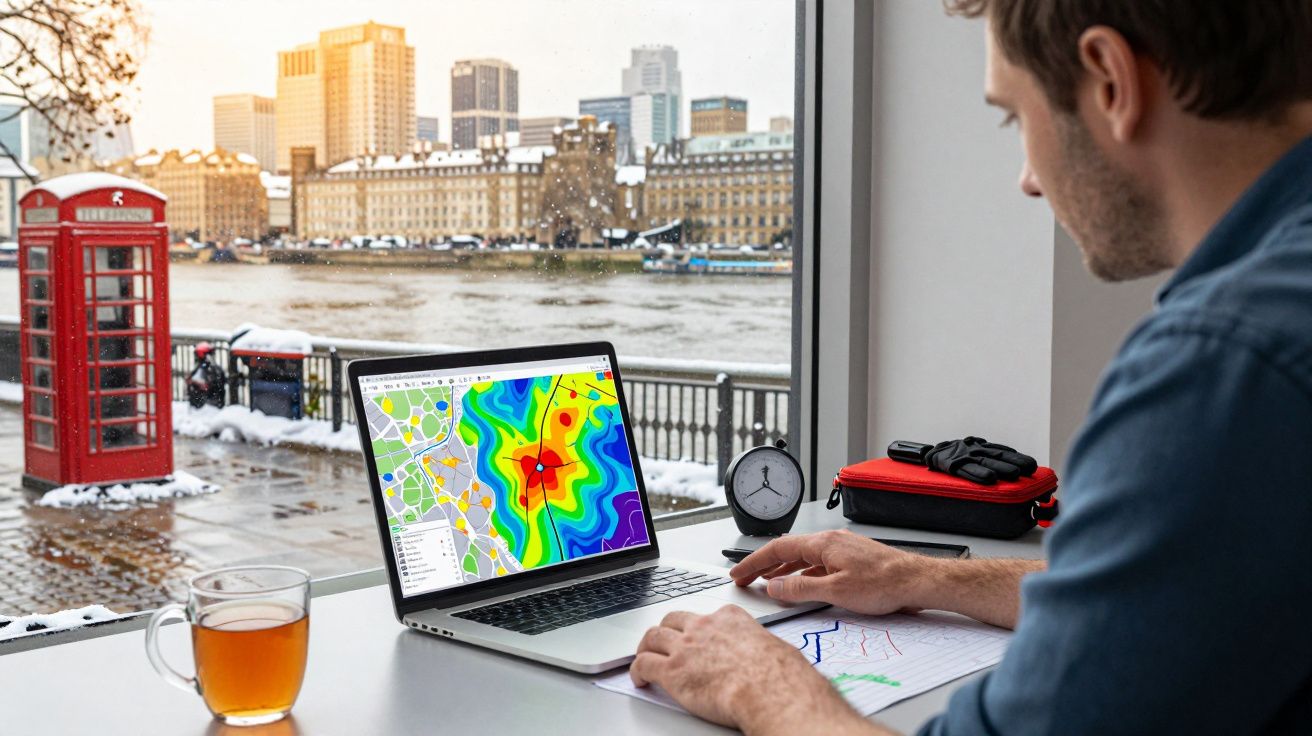 Hombre trabajando en laptop con mapa en pantalla; ventana muestra ciudad bajo nieve con cabina telefónica roja y río.