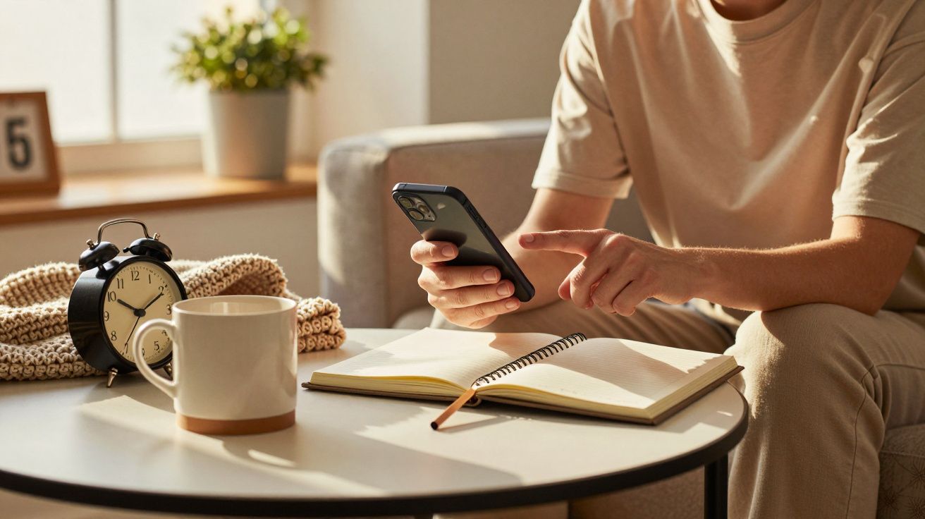 Persona usando un móvil en una mesa con libreta, taza y despertador, con luz natural entrando por la ventana.