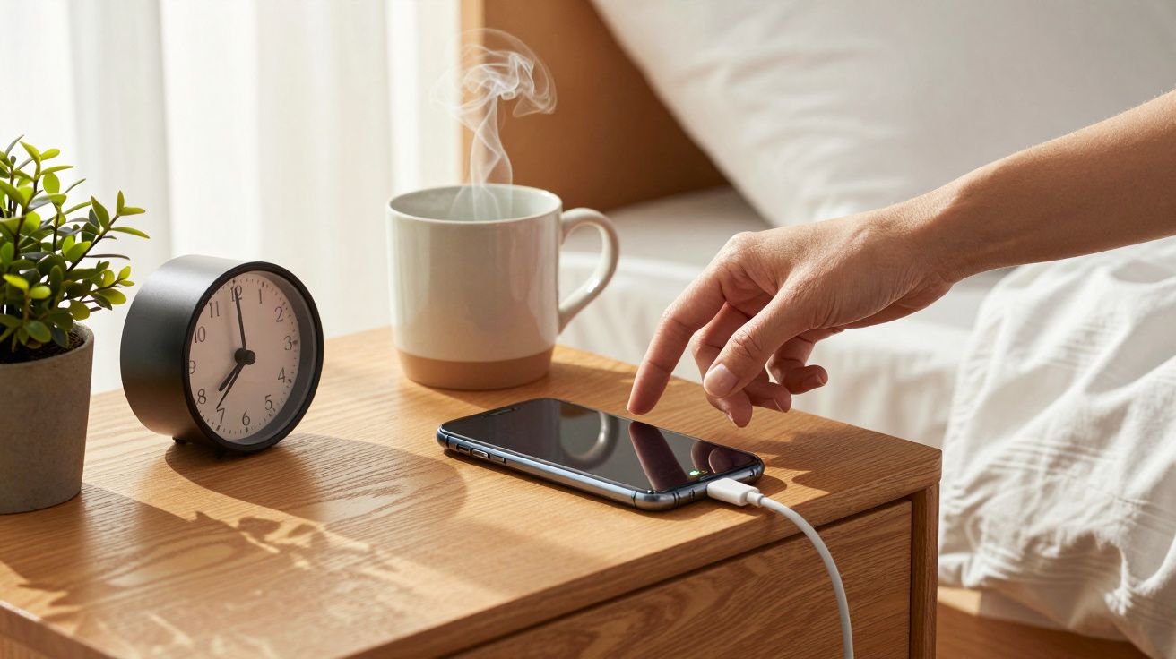 Mano tocando un teléfono cargándose en una mesa de noche junto a un reloj, una planta y una taza de café.
