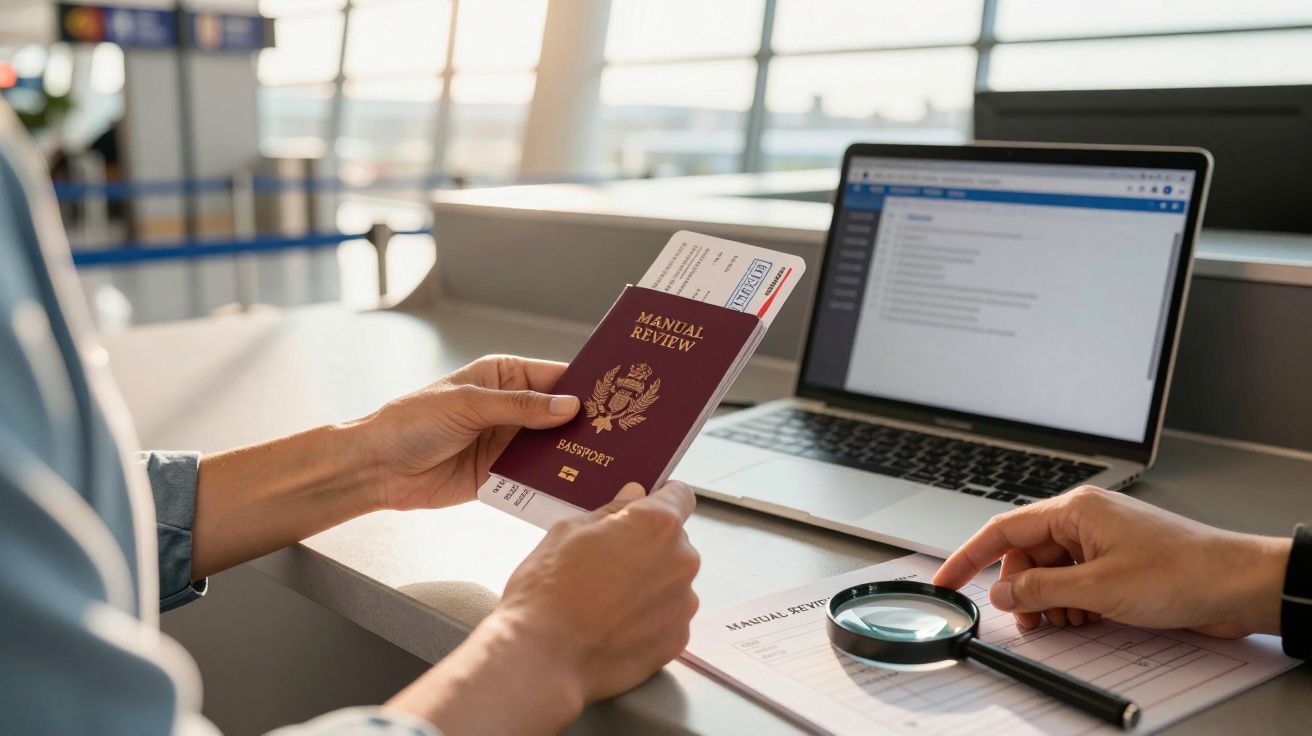 Persona revisando un pasaporte morado en un mostrador, junto a un ordenador portátil y una lupa.