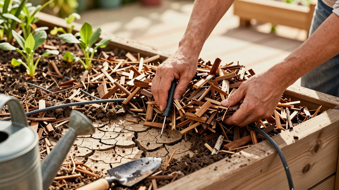 Manos ajustando un sistema de riego por goteo en un huerto elevado con plantones y astillas de madera.