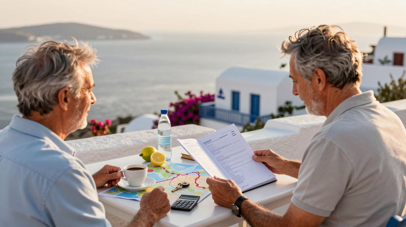 Dos hombres mayores planean un viaje en una terraza con vista al mar, tienen mapas y documentos sobre la mesa.