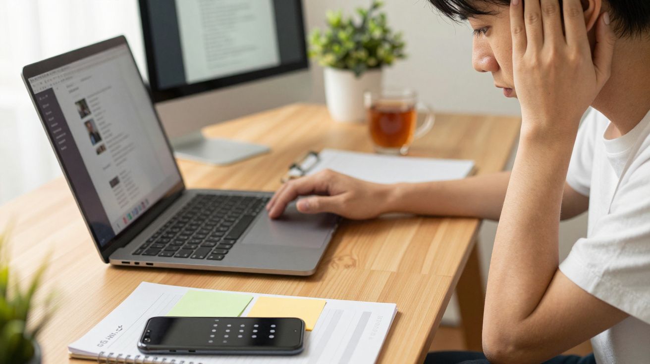 Persona trabajando en un escritorio con portátil, móvil en una libreta, planta y taza de té.