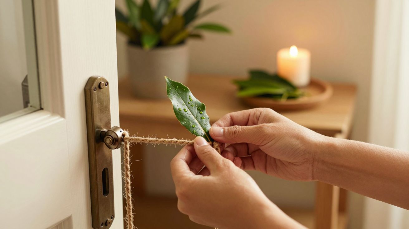 Manos atando una hoja a una cuerda en una puerta, con una vela encendida y una planta en el fondo.