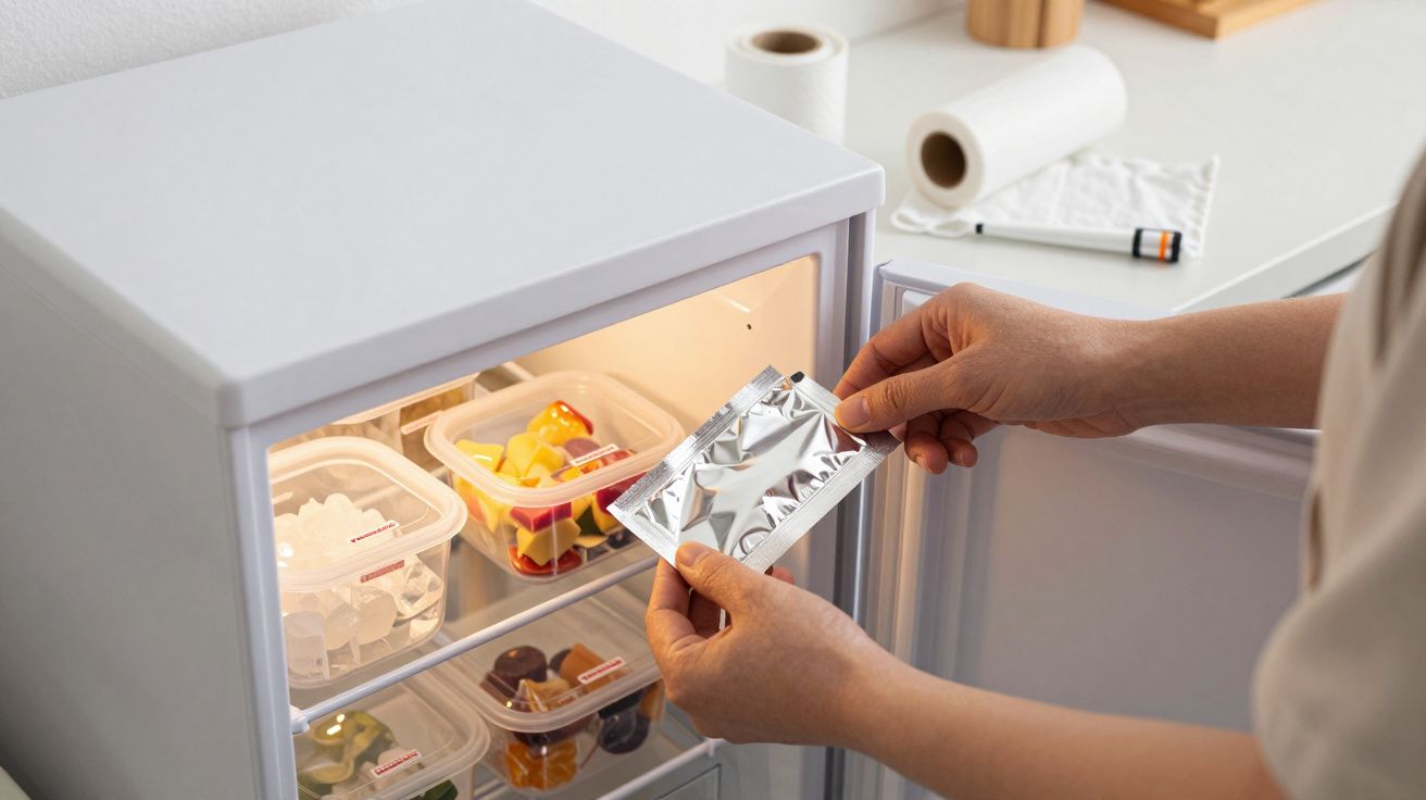Persona colocando un paquete plateado en una nevera pequeña con compartimentos llenos de recipientes de alimentos.