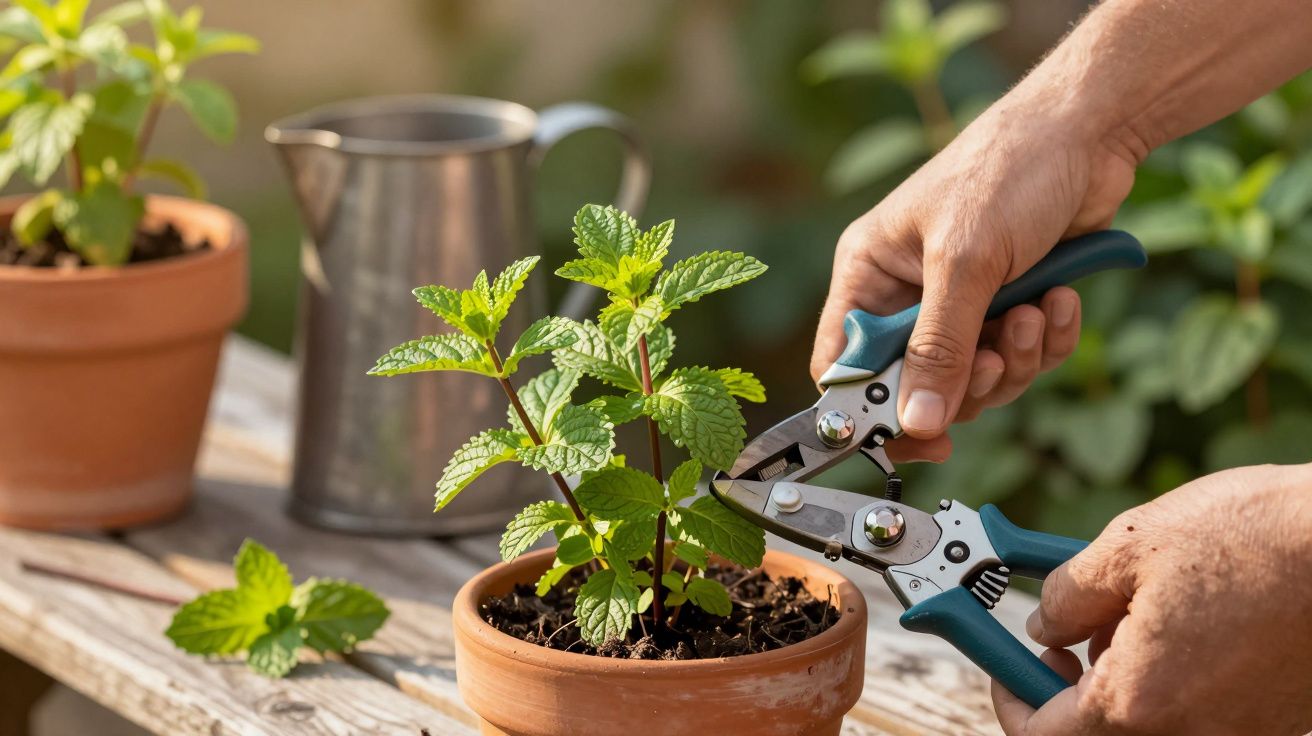 Manos podando una planta en maceta de barro, con regadera metálica al fondo sobre mesa de madera.