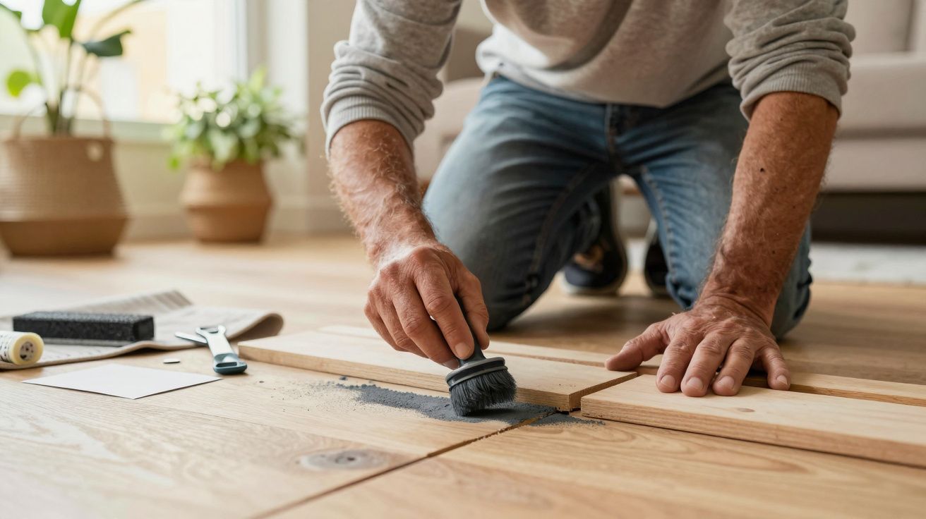 Manos de una persona aplicando relleno en el suelo de madera en una sala de estar. Herramientas cercanas.