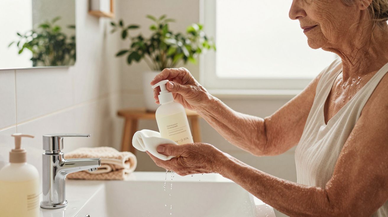 Mujer mayor usando dispensador de jabón en lavabo de baño, con planta de fondo.