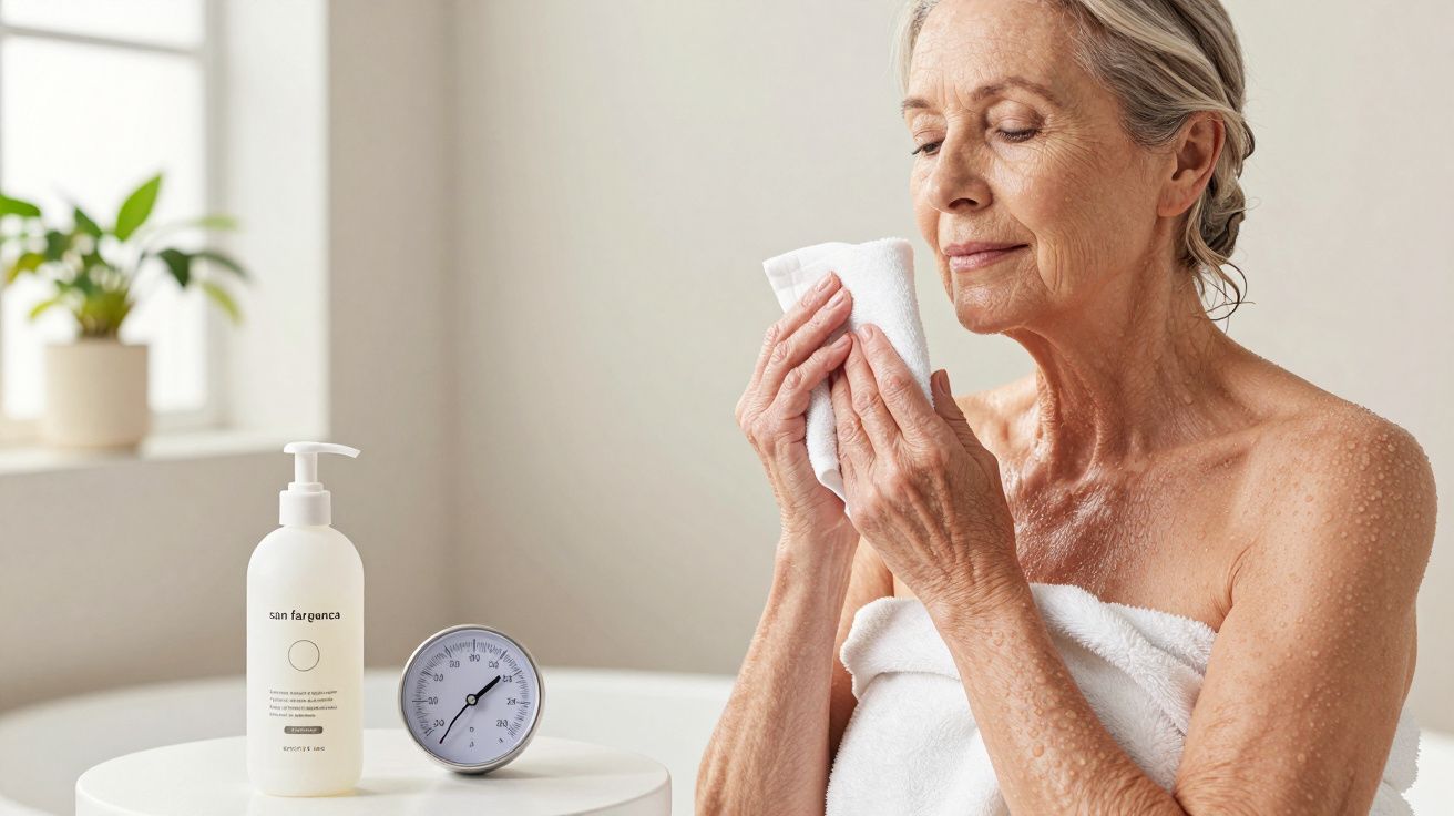 Mujer mayor envuelta en toalla disfrutando de un momento de cuidado personal con una crema y medidor en una mesa roja.