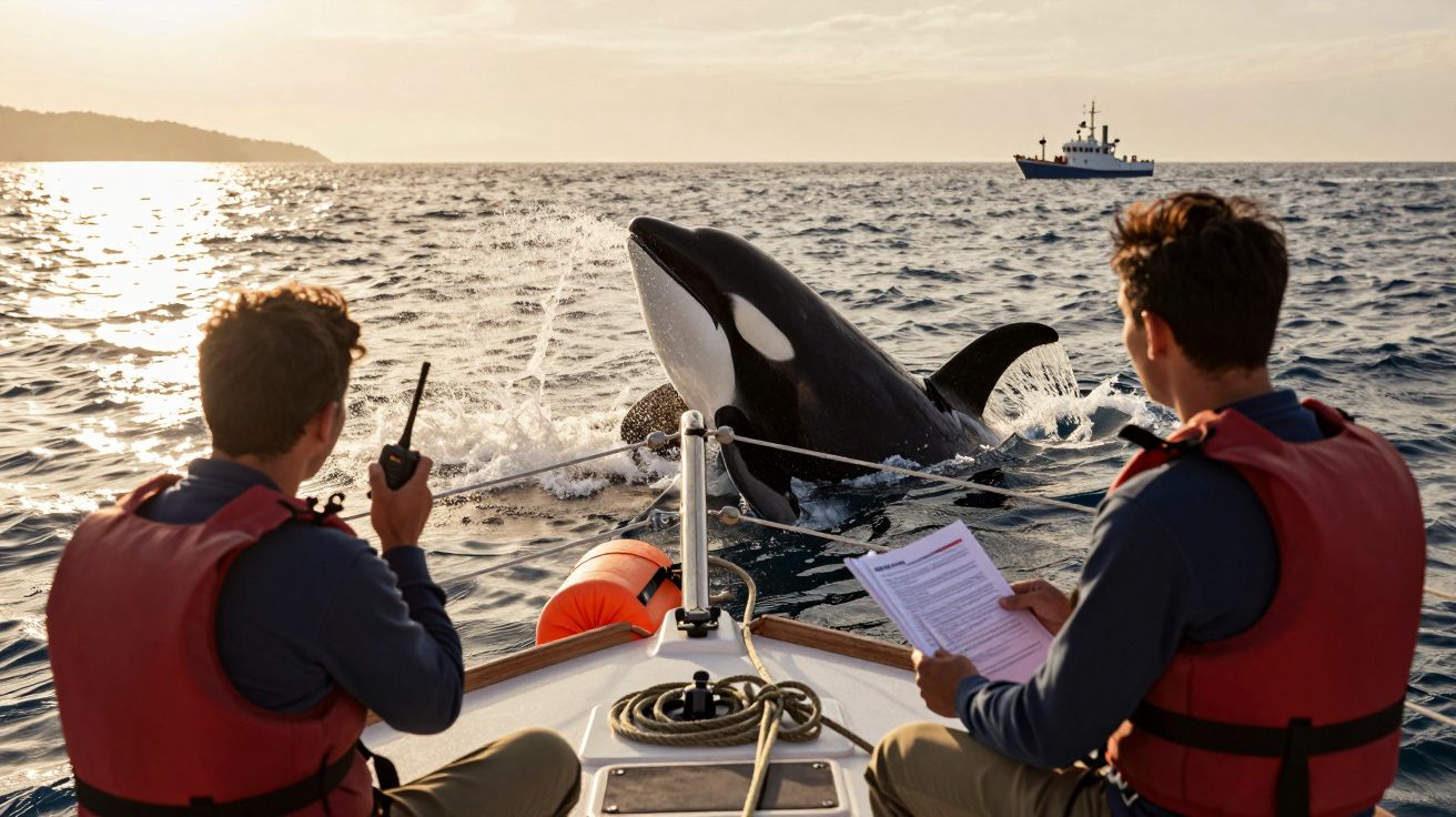 Dos hombres en un barco observan a una orca que emerge cerca; llevan chalecos salvavidas. Otro barco está al fondo.