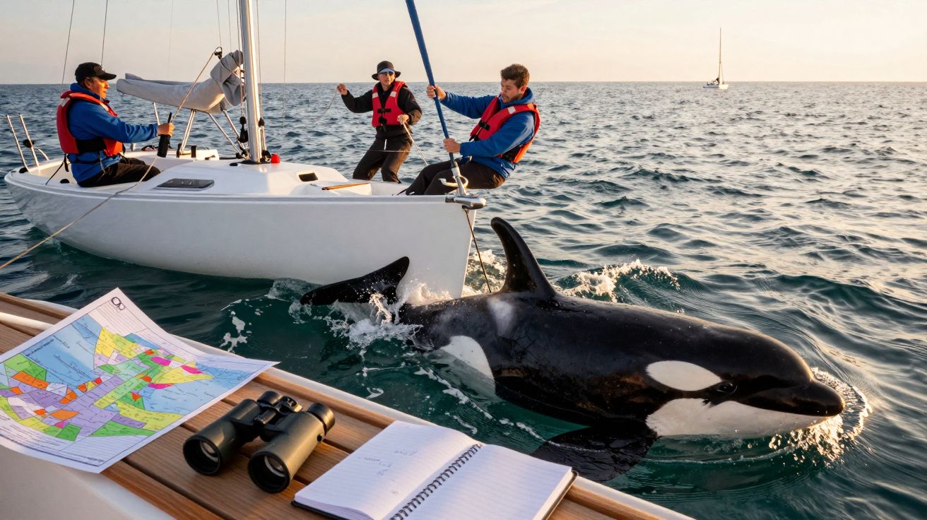 Una orca se acerca a un velero con tres personas en el mar, con un mapa y prismáticos en primer plano.