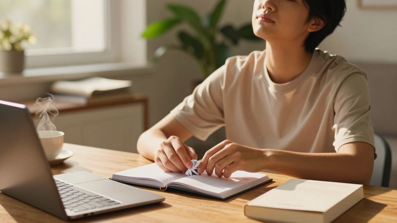 Persona sentada en un escritorio soleado, con un portátil abierto, cuaderno y taza de café, mirando pensativa por la ventana.