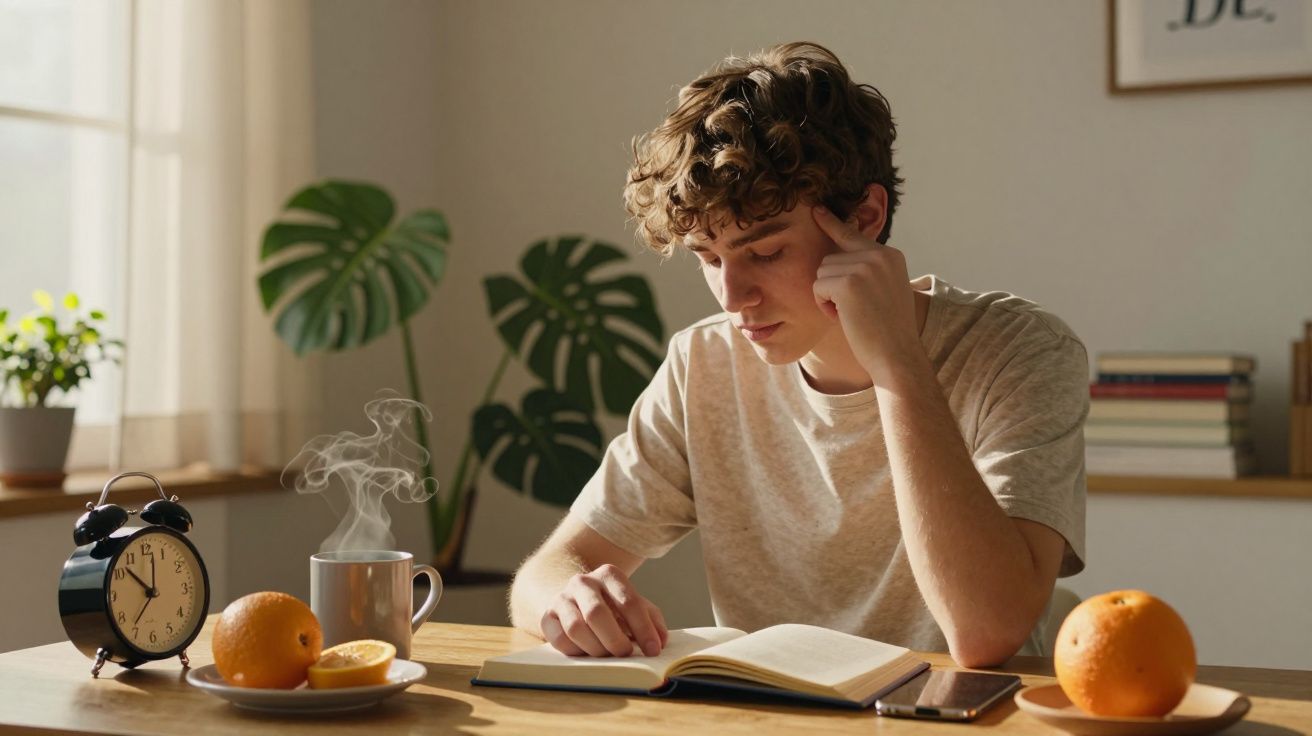 Joven leyendo un libro en una mesa con naranjas, taza humeante y un reloj despertador. Plantas y libros al fondo.