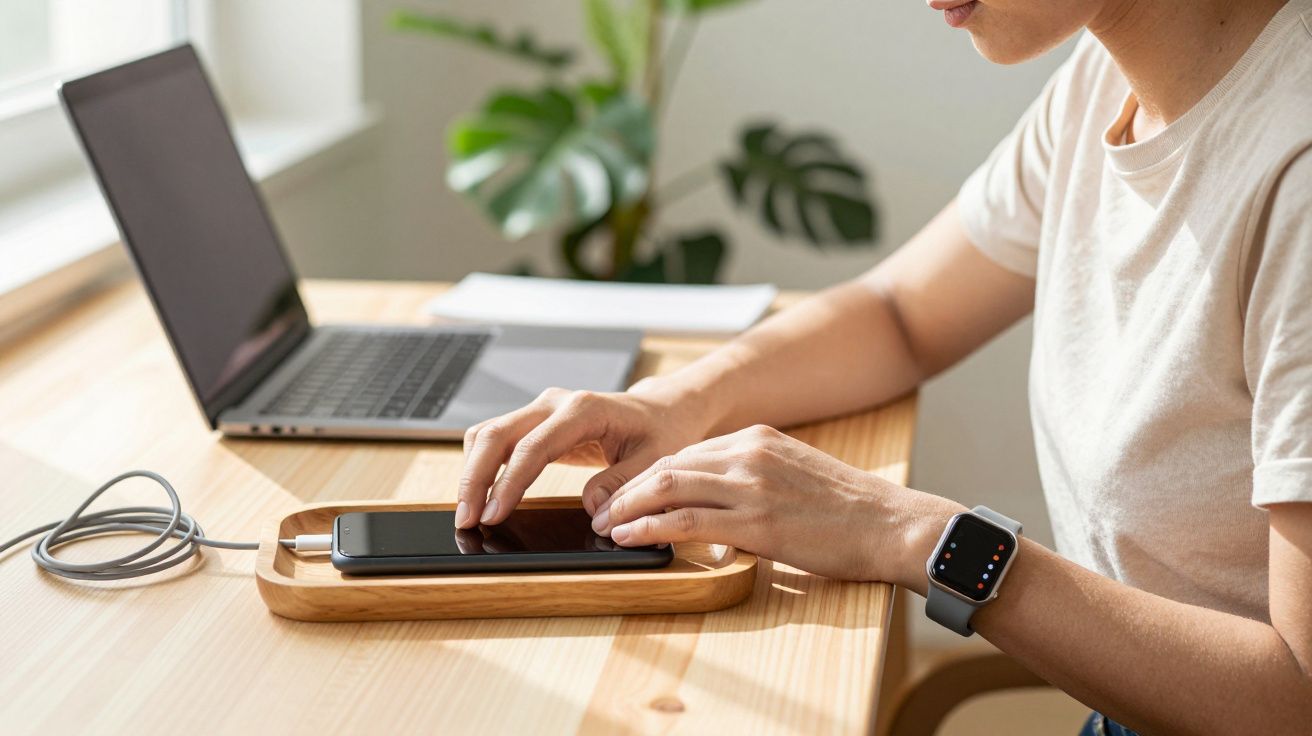 Persona cargando un móvil en una base inalámbrica sobre una mesa de madera con un portátil cerca.