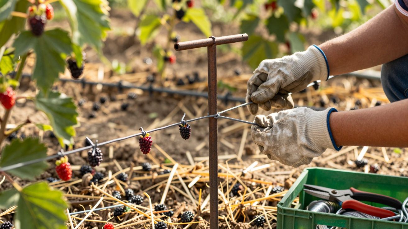 Manos con guantes ajustan cables en un cultivo de moras, con herramientas en una caja verde al lado.