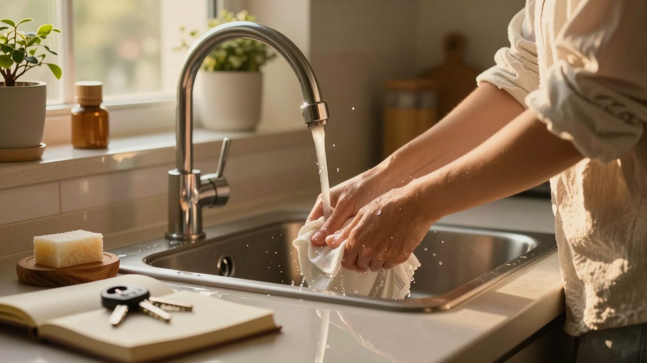 Persona lavando un paño blanco en el fregadero de una cocina, con agua corriendo del grifo y luz natural a través de la venta