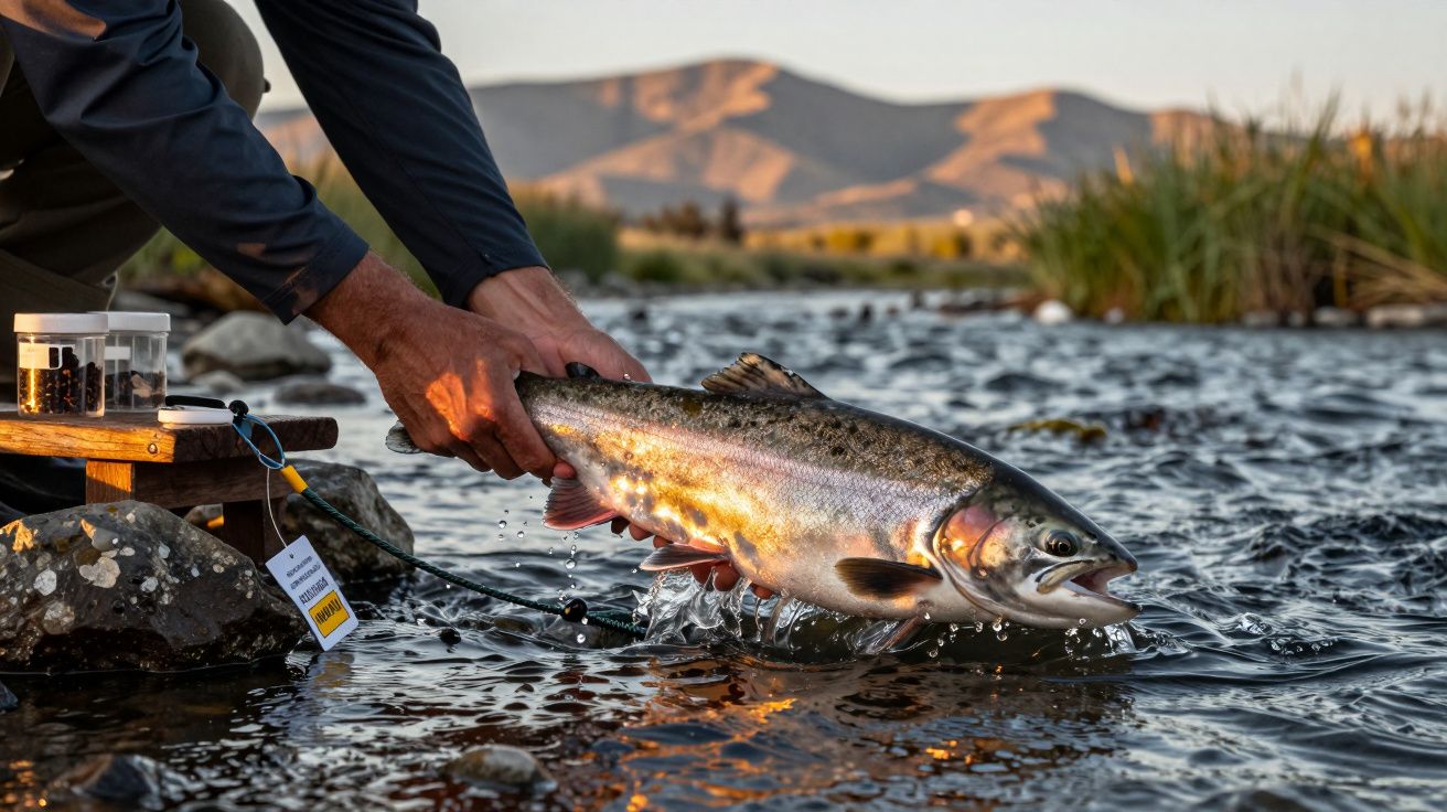 Persona liberando un pez grande en un río, con montañas al fondo y vegetación en la orilla.