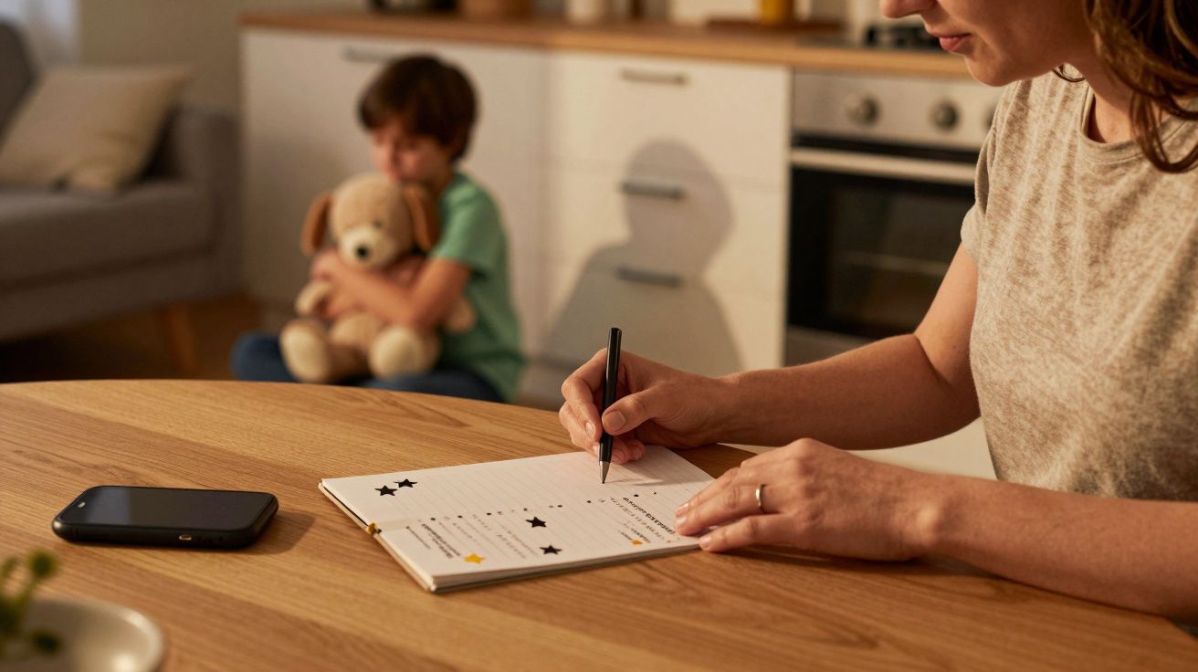 Persona escribiendo en un cuaderno en una cocina, mientras un niño juega con un peluche en el fondo.