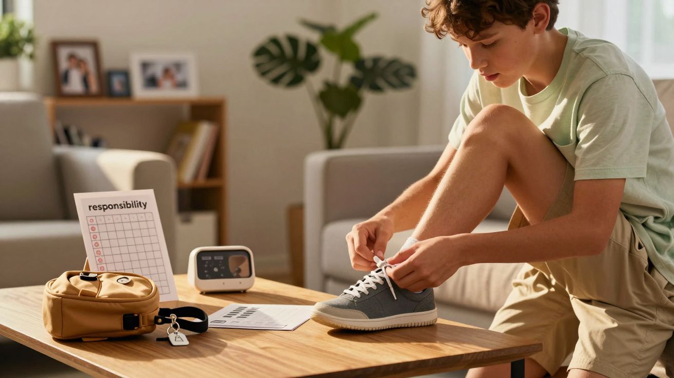 Adolescente en salón atándose las zapatillas en una mesa con mochila, reloj y hoja de tarea de responsabilidad.