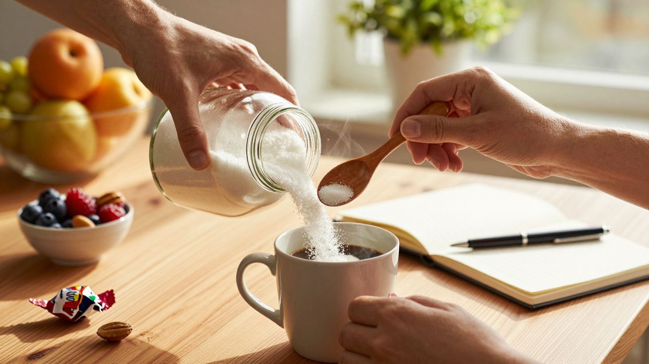 Manos agregan azúcar en una taza de café sobre una mesa con fruta y un cuaderno al fondo.