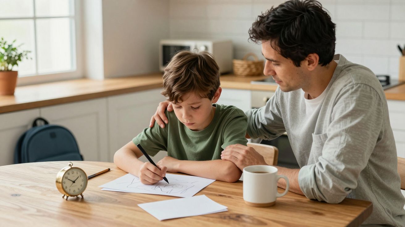 Padre e hijo estudiando juntos en la cocina, con una taza y un reloj en la mesa.