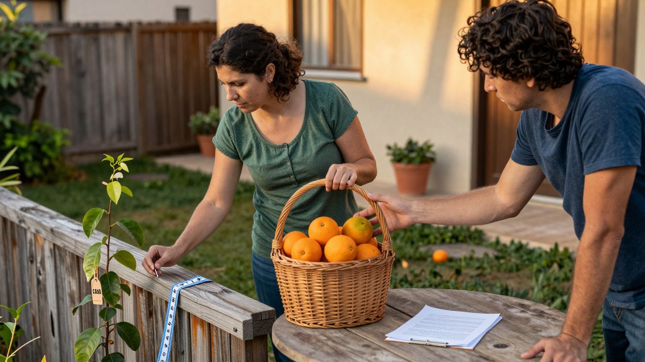 Persona mide una planta con una cinta métrica mientras otra sostiene una cesta con naranjas en un jardín.