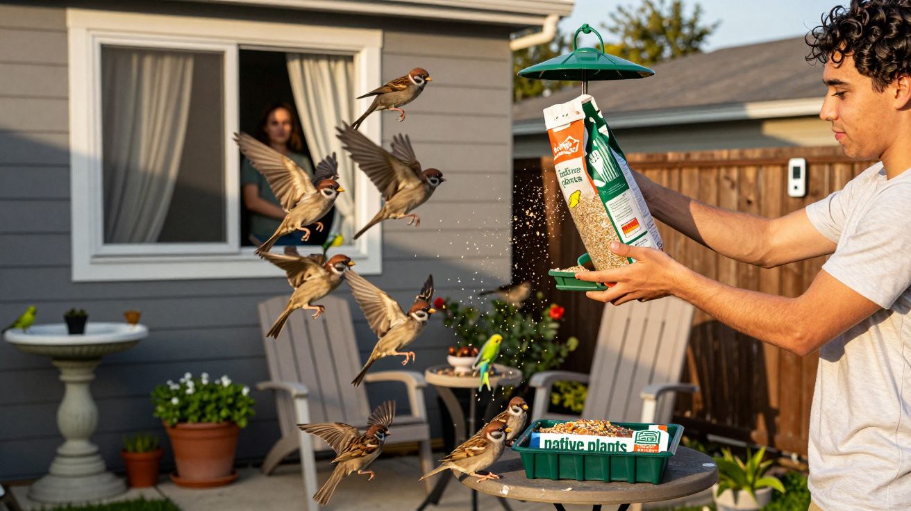Hombre alimentando a gorriones en el jardín mientras una mujer observa desde la ventana.