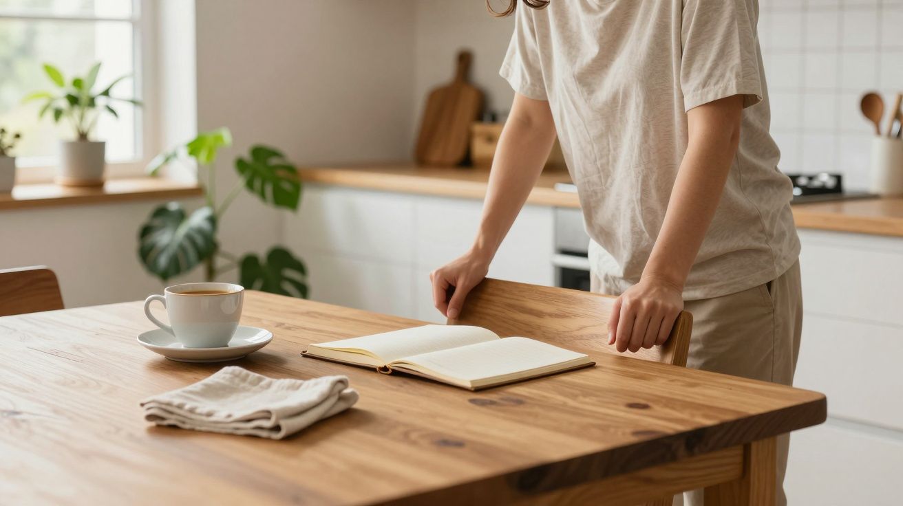 Persona de pie junto a una mesa de madera con libro abierto, taza de café y servilletas en una cocina luminosa.