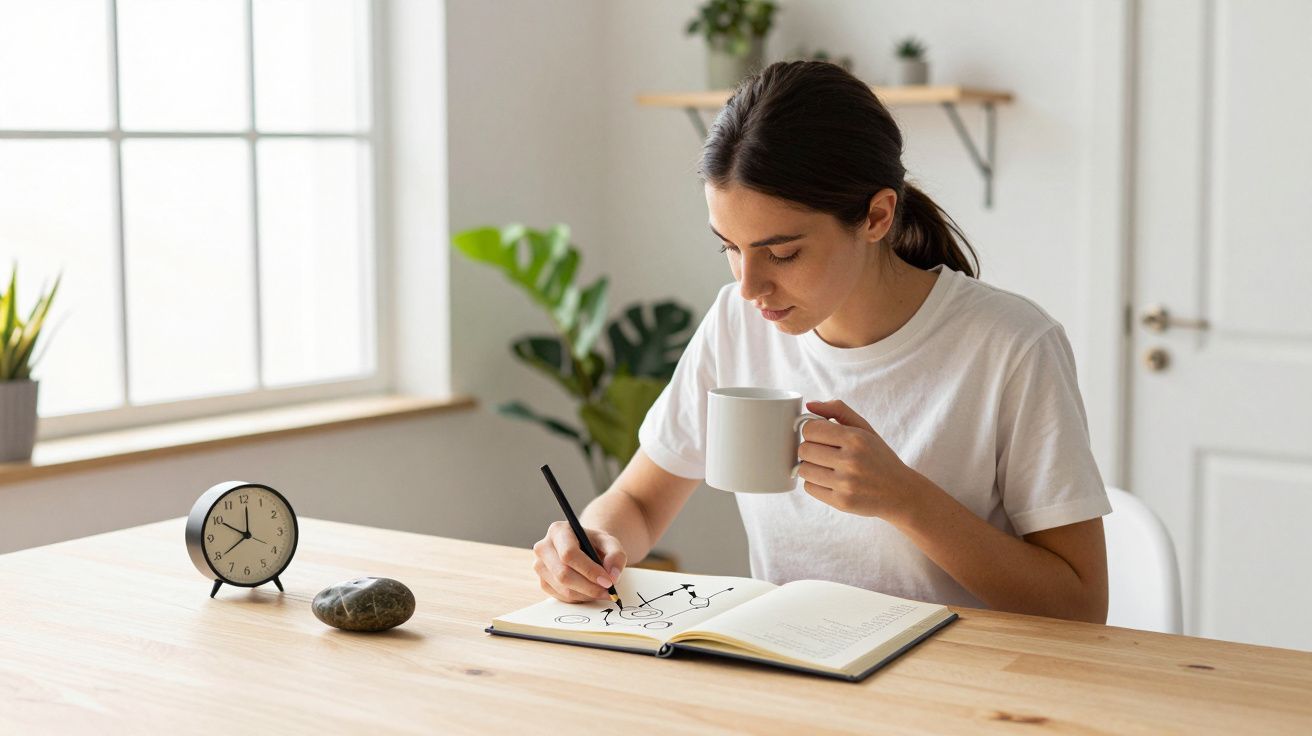 Mujer sentada en una mesa dibujando en un cuaderno mientras sostiene una taza, al lado de un reloj y plantas.