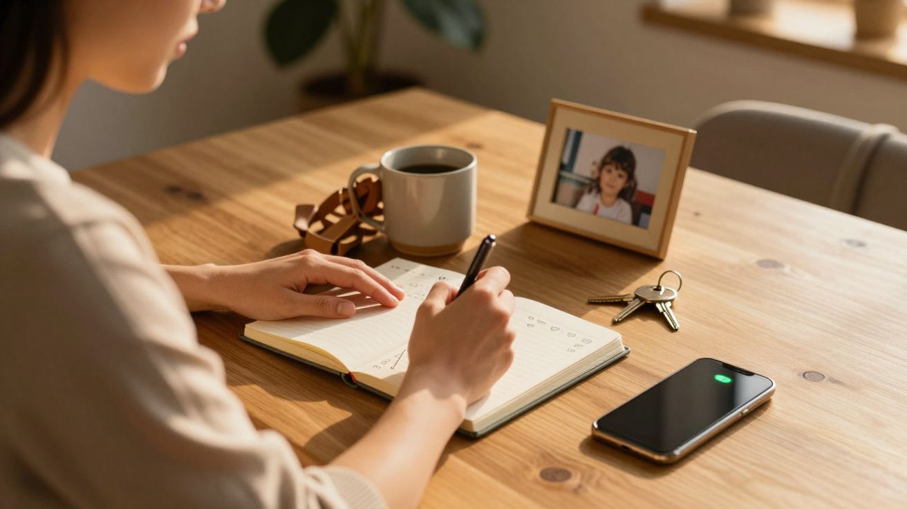 Persona escribiendo en un cuaderno junto a una taza de café, móvil, llaves y foto enmarcada sobre una mesa de madera.