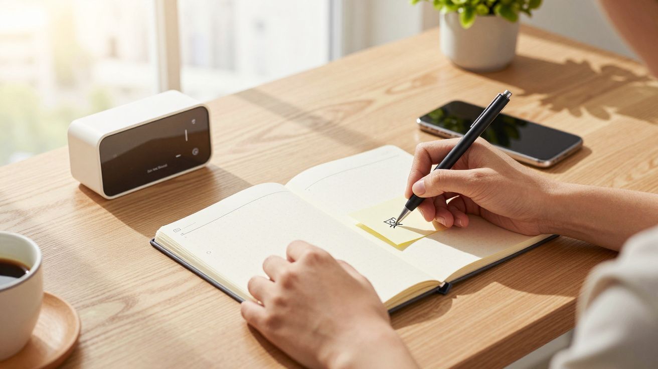 Persona escribiendo en una libreta con un bolígrafo negro en un escritorio de madera cerca de una ventana.