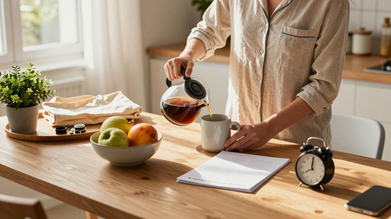 Persona sirviendo café en una cocina iluminada por el sol, con fruta, cuaderno y reloj en la mesa de madera.