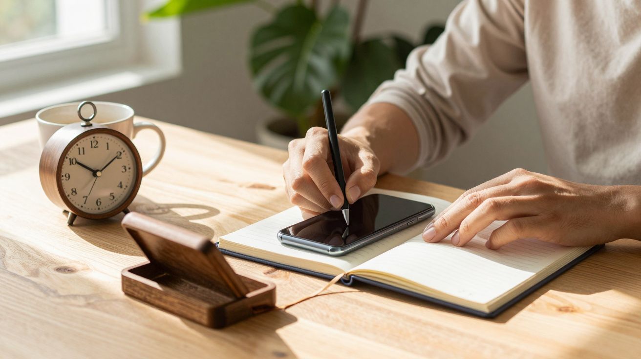 Persona escribiendo notas en un cuaderno con un bolígrafo, junto a un reloj despertador y una taza de café sobre una mesa.