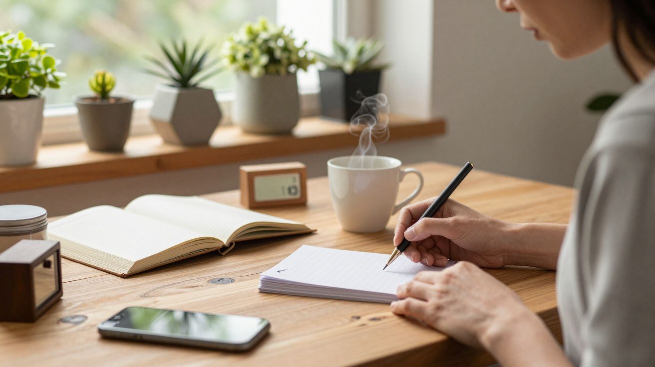 Persona escribiendo en un bloc de notas en un escritorio de madera, rodeada de plantas, una taza y un teléfono móvil.