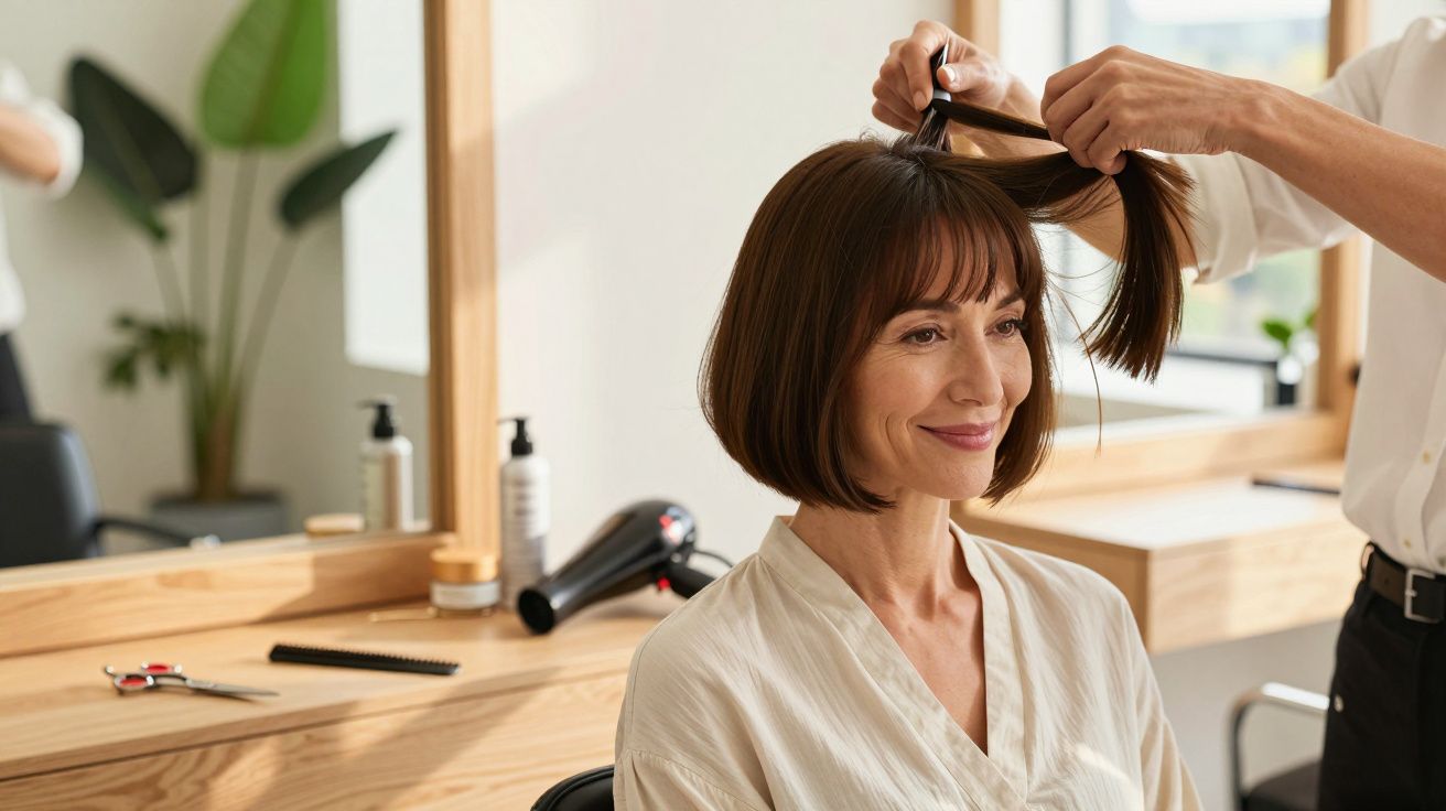 Mujer sonriente con corte de pelo bob en una peluquería, estilista peinando bajo luz natural.
