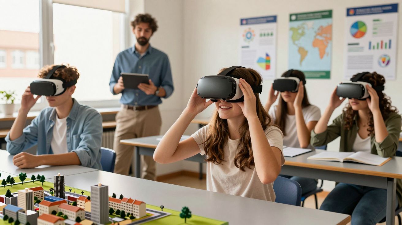 Estudiantes en un aula usando gafas de realidad virtual mientras el profesor observa con una tablet.