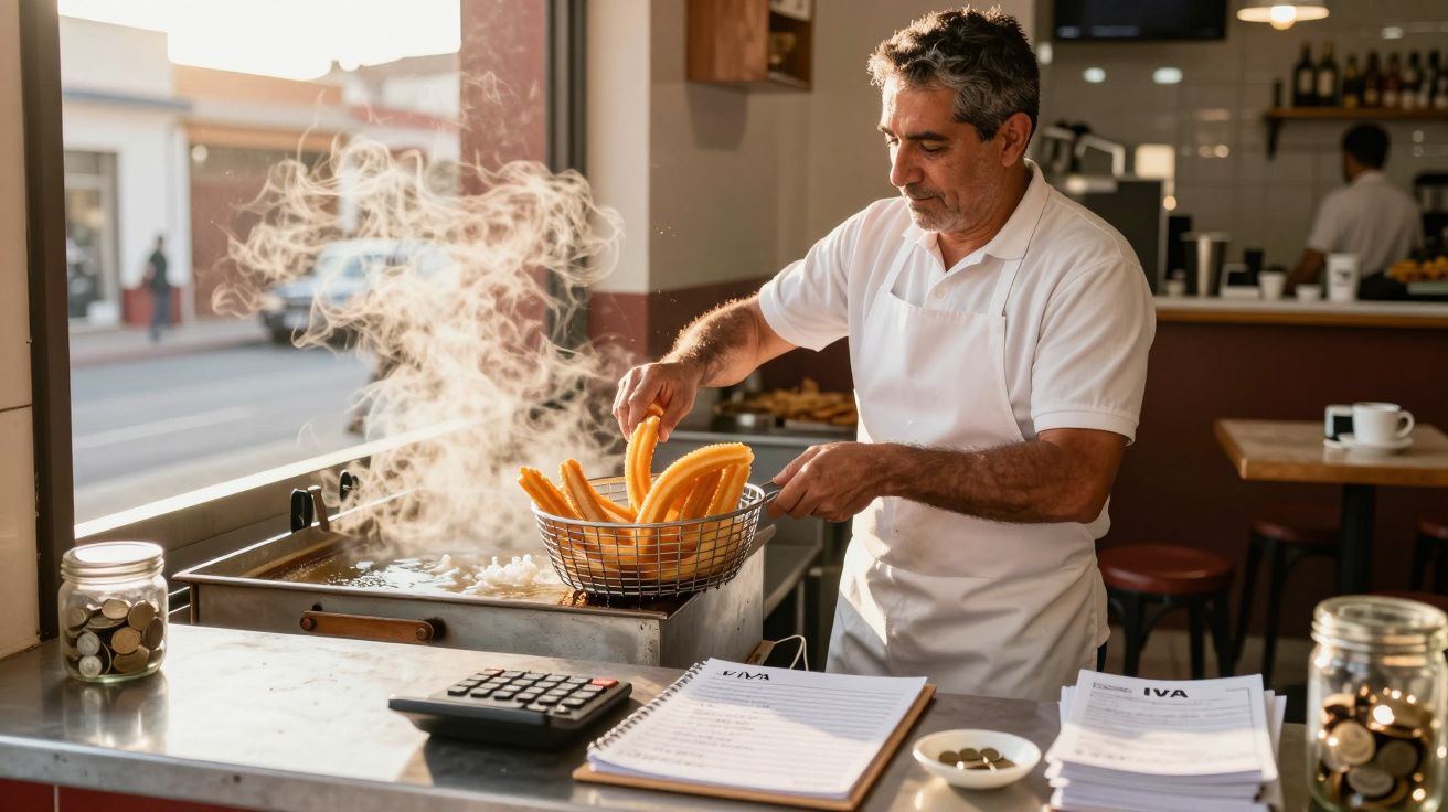 Hombre friendo churros en una cocina abierta, con vaho saliendo de la freidora, calculadora y papeles sobre la mesa.