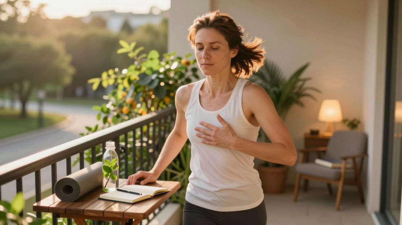 Mujer en camiseta blanca haciendo ejercicio en un balcón soleado con plantas, botella de agua y libreta sobre una mesa.