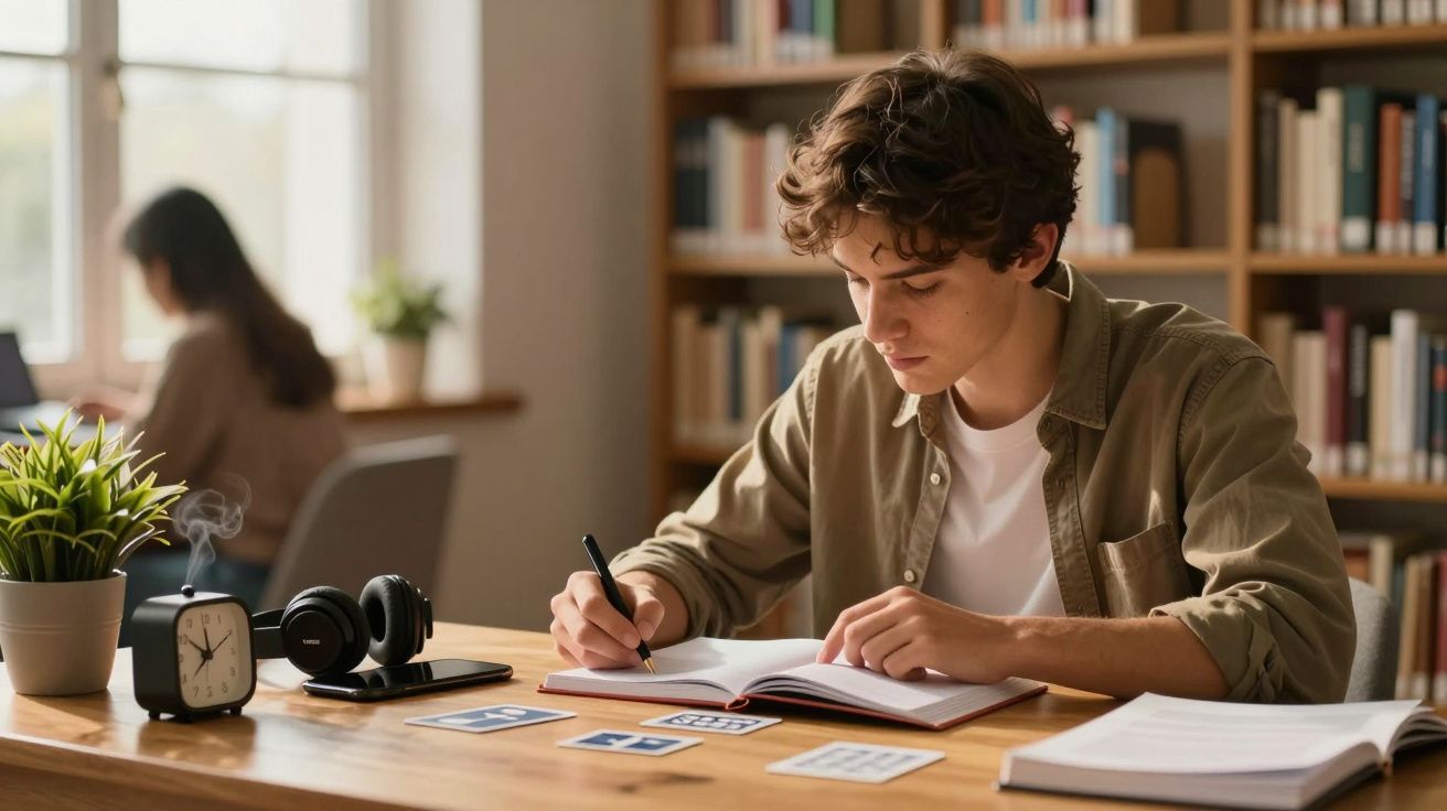 Un joven estudia en una biblioteca, tomando apuntes en un cuaderno. Al fondo hay estanterías y una persona sentada.
