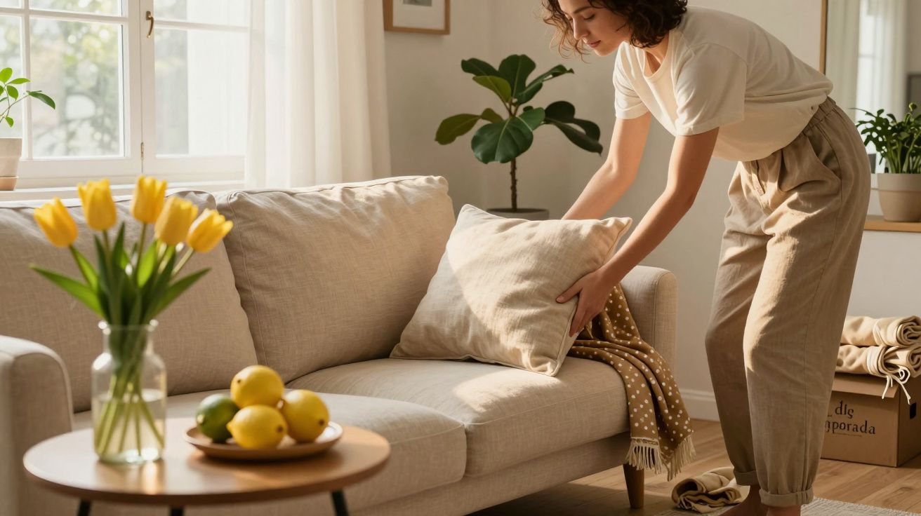 Mujer acomodando cojín en sofá beige, con flores y limones en mesa redonda, en sala de estar luminosa con plantas.