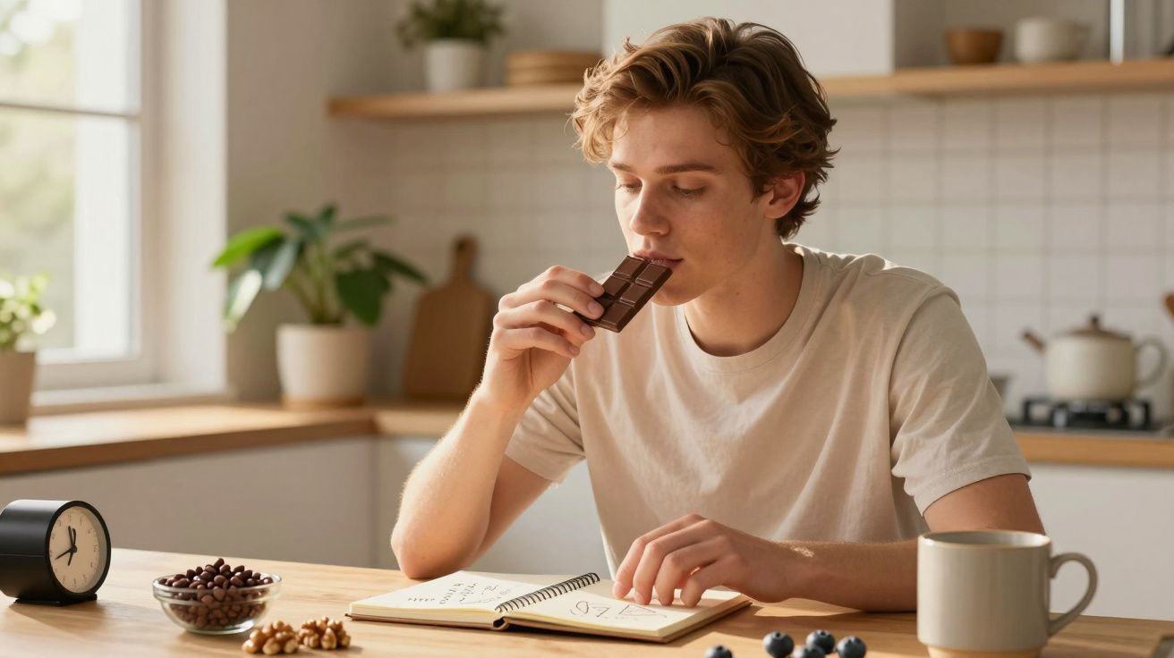 Joven en camiseta blanca, sentado en cocina, disfrutando una barra de chocolate mientras escribe en un cuaderno.