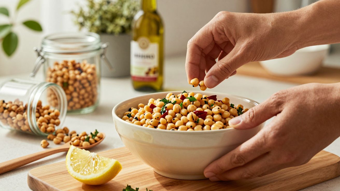 Manos preparando ensalada de garbanzos en un bol, con limón y garbanzos en tarros al fondo en una cocina iluminada.