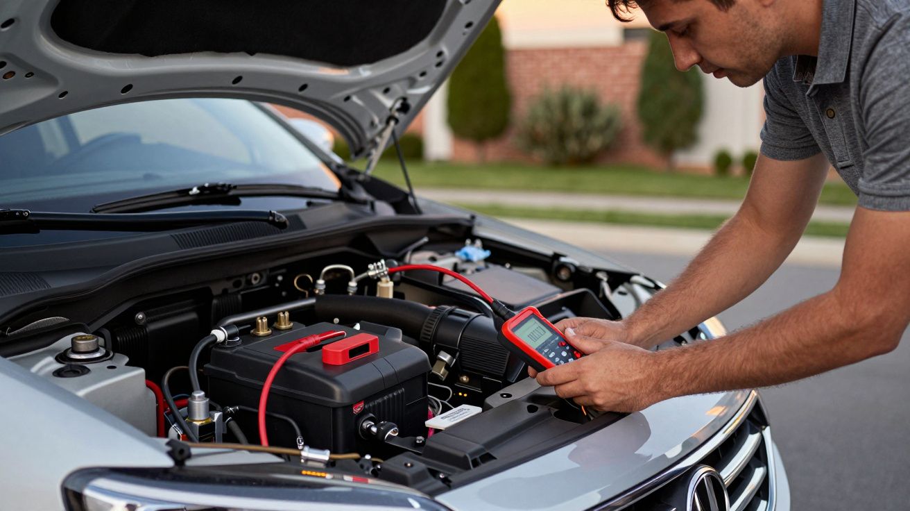 Hombre revisando la batería de un coche abierto con un multímetro en una calle residencial.