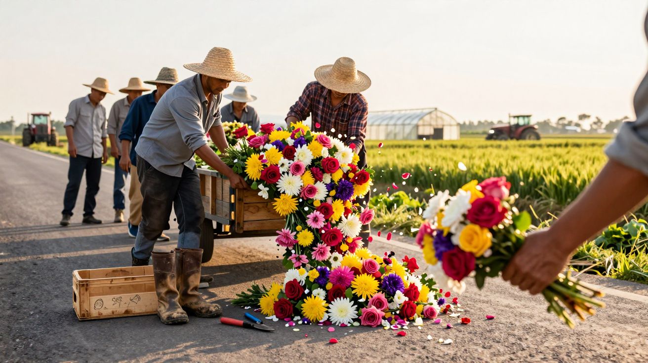Personas cosechando flores coloridas en un campo, colocando ramos en cajas de madera al borde de la carretera.