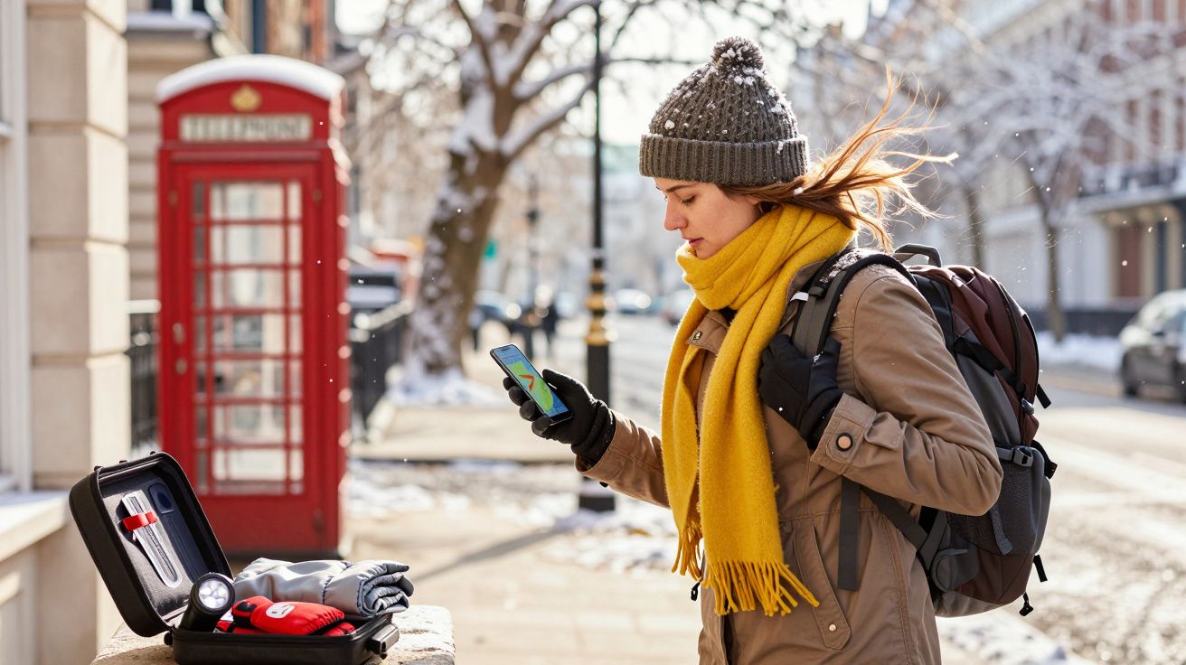 Mujer con gorro y bufanda amarilla usando móvil, mochila al hombro, cerca de cabina roja en calle nevada.