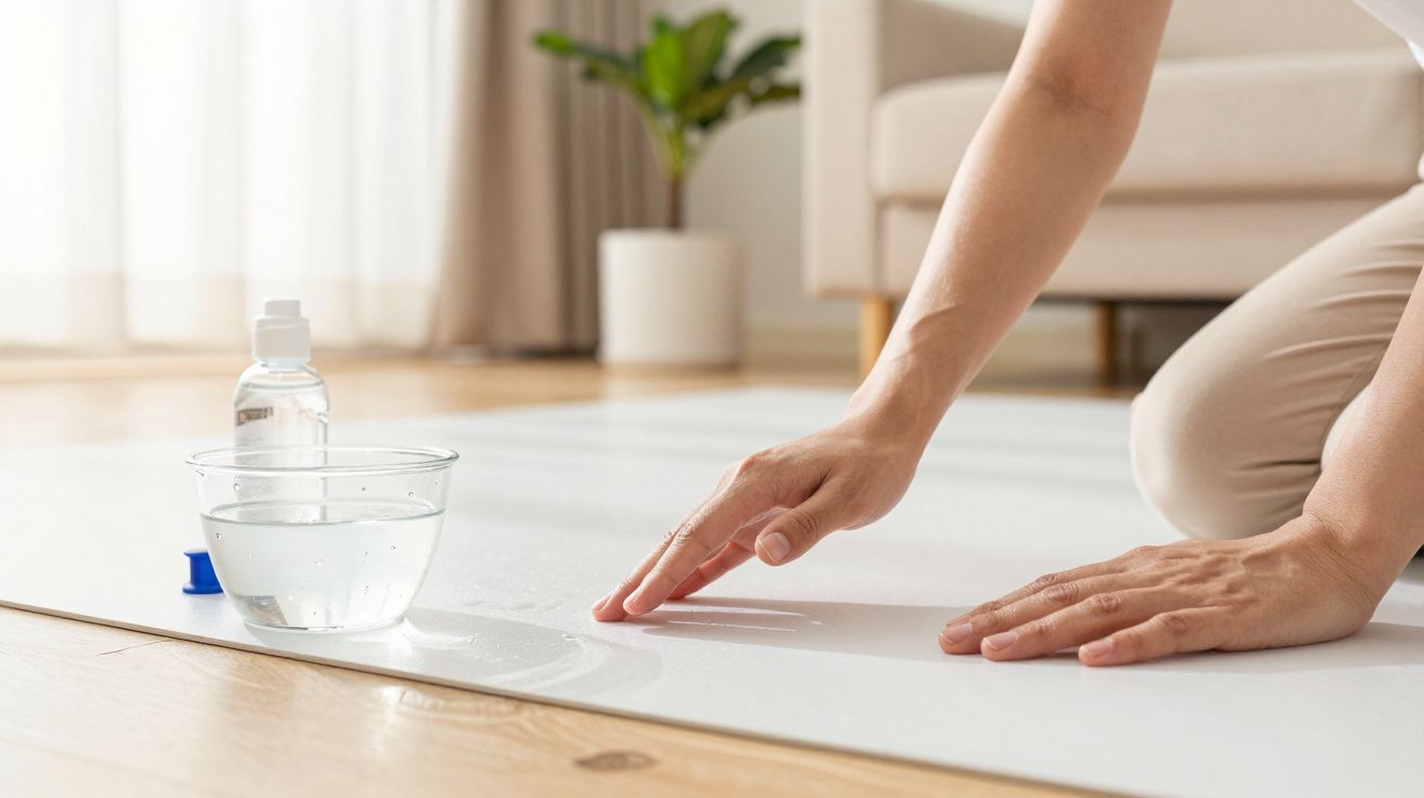 Persona limpiando el suelo con un paño, junto a un cuenco de agua y una botella, en una sala de estar iluminada.