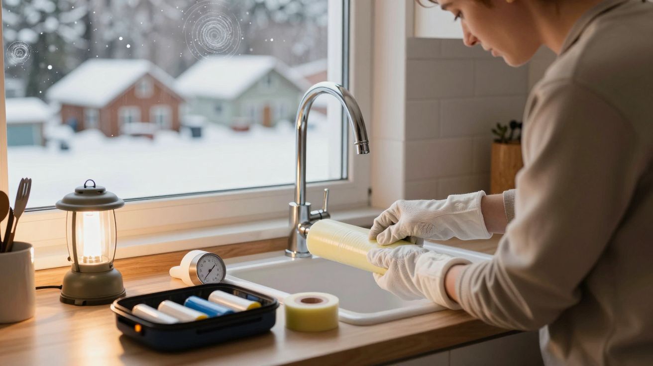 Persona limpiando un filtro en la cocina, ventana con paisaje nevado al fondo, lámpara encendida sobre la encimera.