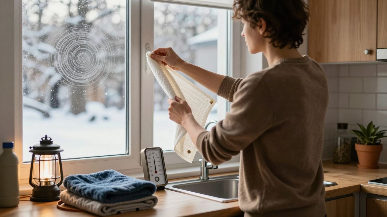 Persona colocando película aislante en ventana, con un paisaje nevado afuera y utensilios en la encimera de la cocina.